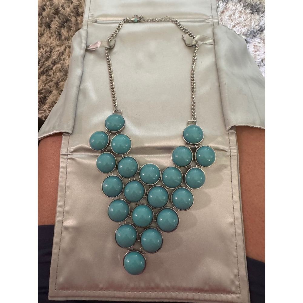 Turquoise Blue Bubble Bib Necklace Silver‎ Tone Statement Tiered Resin Cabochon